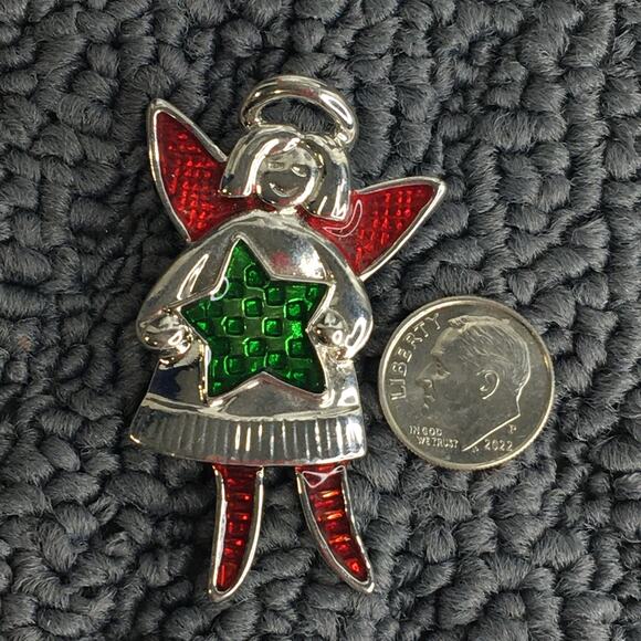 Christmas Angel Pin‎ Brooch Silver Tone with Red & Green Enamel Accents - Picture 2 of 9
